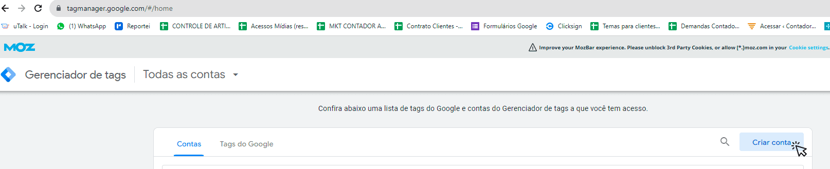 Acesse o site do Google Tag Manager  e faça login com sua conta do Google. Se você ainda não tiver uma conta, é necessário criá-la.
